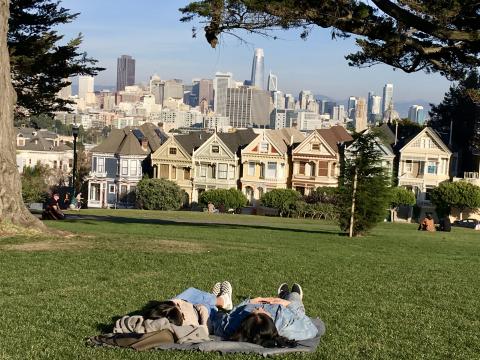 [Photo : 2 personnes allongées dans l'herbe devant les Painted Ladies]